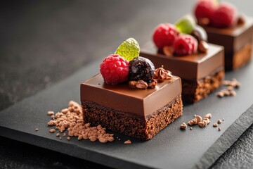 Poster - Delicious chocolate dessert squares topped with fresh berries and mint served on a dark slate plate