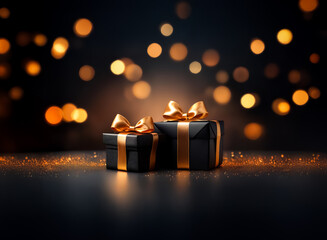 Sticker - elegant gift boxes, black with golden ribbons, sit against a dark backdrop with soft, blurred golden