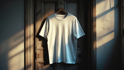Poster - casual white t-shirt hanging against a wooden door with soft sunlight illuminating the fabric