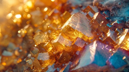 Aufkleber - Brightly colored crystals glimmer under sunlight, highlighting intricate geometric shapes and vibrant hues of orange and blue, formed naturally in the earth's crust.