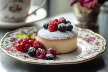 Aufkleber - Delicious dessert with fresh berries served on a vintage plate in a cozy cafe setting