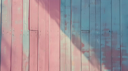 Poster - Colorful wooden wall with pink and blue planks, casting shadows, ideal for vibrant backgrounds