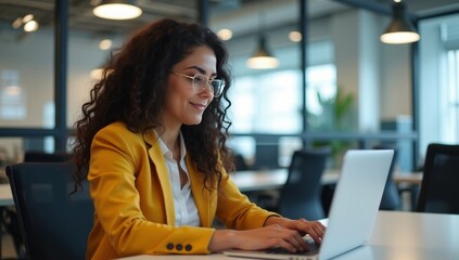 Young professional it specialist latin hispanic business lady working on laptop pc sitting at desk in modern office space. 30s middle eastern indian woman using computer technology app for work online