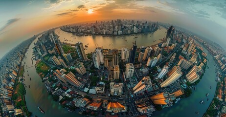 Wall Mural - Aerial view of a bustling cityscape at sunset, showcasing skyscrapers, waterways, and vibrant urban life