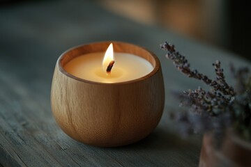 Poster - Warm glow of a candle in a wooden holder surrounded by dried lavender on a rustic table