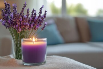 Poster - Lavender candle surrounded by fresh lavender flowers in modern living room setting