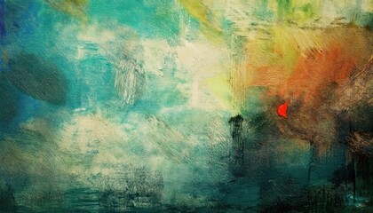 Aufkleber - ethereal abstract landscape with green, teal, and gold brushstrokes, textured oil painting for modern interiors and decor

