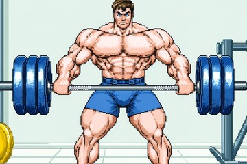 Poster - A 8-bit pixel art of a classic video game character lifting weights in a pixelated gym setting