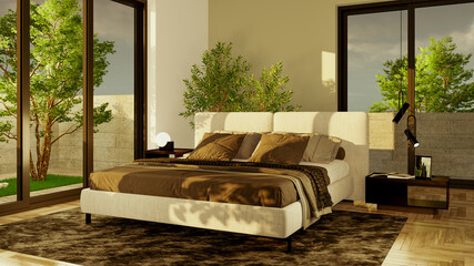 Wall Mural - Large luxury modern bright bed room interiors 3D rendering illustration image