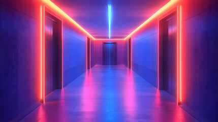 Poster - A vibrant corridor illuminated by neon lights, featuring blue and pink hues, creating a futuristic and atmospheric ambiance