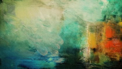 Aufkleber - ethereal abstract landscape with green, teal, and gold brushstrokes, textured oil painting for modern interiors and decor

