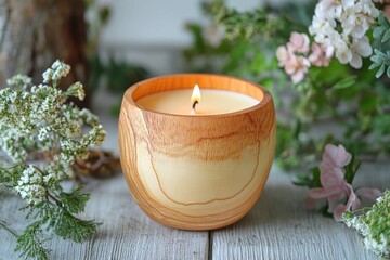 Poster - Candle glowing warmly inside a wooden holder surrounded by fresh flowers and greenery on a wooden table