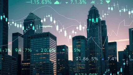 Aufkleber - Financial data overlaying illuminated metropolitan skyline, revealing dynamic stock market trends and investment volatility through animated charts during golden hour