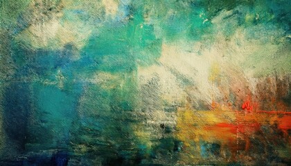 Poster - ethereal abstract landscape with green, teal, and gold brushstrokes, textured oil painting for modern interiors and decor


