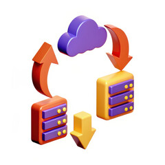 Poster - vibrant cloud computing graphic with arrows and servers symbolizes data transfer