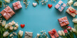 © Viktoriia Boiko - Flat lay composition of pastel gift boxes, white tulips, and heart decorations on a bright blue background