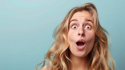 Wall Mural - Surprised young woman with wavy blonde hair, expressing excitement against a soft blue background