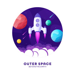 Wall Mural - rocket launch, space futuristic colorful background with planets and stars. cartoon starship, spaces