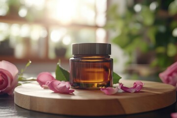 Poster - Glass jar of essential oil surrounded by rose petals in a warm, sunlit room with green plants