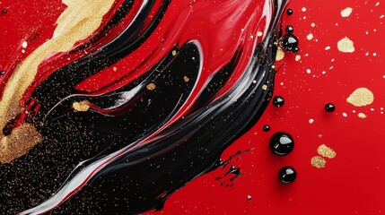 Poster - Abstract Interpretation of Vibrant Red Liquid with Black and Golden Elements in Artistic Composition