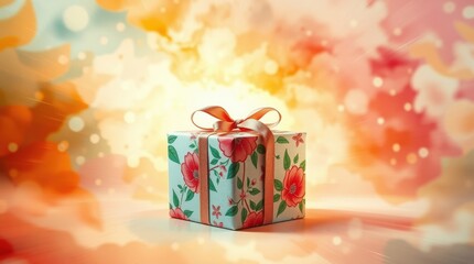 Wall Mural - Floral gift box with peach ribbon on a soft, colorful background, perfect for celebrations and special moments.