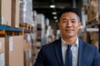 © Milos - A confident businessman standing in a modern warehouse surrounded by boxes, symbolizing professionalism, success, and the dynamics of a thriving economy.
