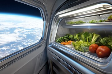 Aufkleber - A futuristic space station salad bar, where astronauts pick hydroponic greens grown in zero gravity