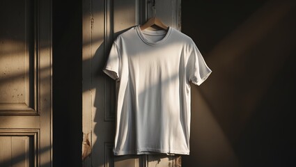 Poster - minimalist t-shirt hangs on a wooden hanger in a softly lit room with shadows at sunset