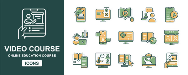 Aufkleber - online learning video conference icon set education workshop lecture course digital seminar classroom discussion presentation read and learn book signs vector illustration for web and app