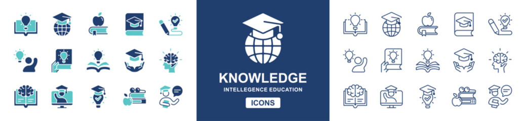 Aufkleber - knowledge cognition icon line set education success achievement creative innovation book light bulb smart thinking vector signs illustration