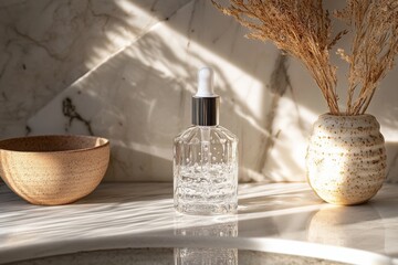 Aufkleber - Glass dropper bottle sitting on a marble countertop with wildflowers and a bowl in soft morning light