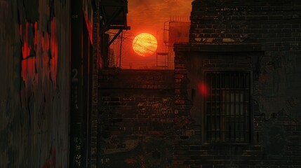 Wall Mural - Sunset illuminating a dilapidated urban alley, with crumbling walls and a glowing horizon in the background