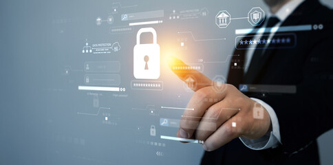 Poster - Protecting herself from cyber attacks and personal data.Protection data access.Businessman protecting personal data information.Cyber security protection concept.