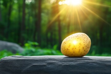 Poster - A magical glowing potato that emits golden light, sitting on an enchanted wooden table in a mystical forest