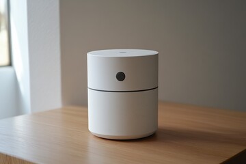 Poster - Modern white air diffuser placed on wooden surface with natural light highlighting its design
