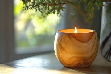 Poster - Wooden candle emitting warm glow adds serenity to cozy indoor space filled with natural light