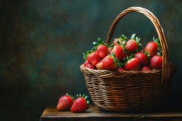 Aufkleber - Freshly picked strawberries in a woven basket on a rustic wooden table against a dark background