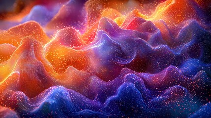 Wall Mural - Abstract vibrant textured landscape; swirling multicolored hills, glowing particles.  Possible use background, digital art, wallpaper