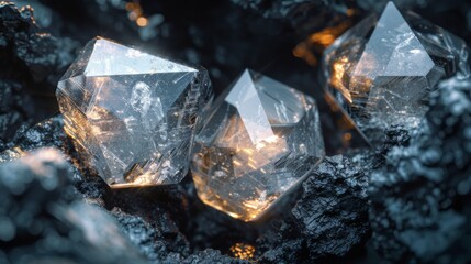 Poster - Three stunning quartz crystals, clear and sparkling, emerge from a bed of dark volcanic rock, surrounded by a warm, glowing light that highlights their intricate facets.