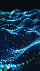 Poster - Abstract Visualization, Digital Sound Waves, Vibrant Cobalt Blue And Green, Dreamy Bokeh Effect.