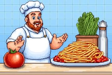 Aufkleber - A pixelated 8-bit pasta shop, where tiny pixel chefs prepare spaghetti and lasagna in a classic video game setting