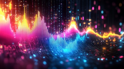 Poster - Dynamic Vector Chart with Gradient Blue Bars, Yellow, Pink and Teal Lines on Dark Background