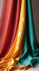 Aufkleber - Three pieces of cloth are displayed, each with a different color. The red cloth is on the left, the yellow cloth is in the middle, and the green cloth is on the right