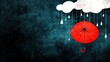 © Ekkarat_Studio - A Bright Red Umbrella Suspended in Mid-Air Under a Dramatic Rainstorm with Dark Background and White Clouds