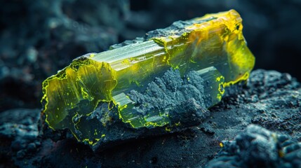 Poster - A striking yellow green crystal sits atop dark volcanic rock, reflecting natural light and showcasing intricate textures and vibrant colors in a rugged landscape.