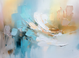 Canvas Print - soft brushstrokes of blue, peach, and yellow blend in an abstract painting, creating a gentle and ai