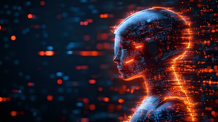 Poster - Futuristic artificial intelligence concept with glowing digital head profile dissolving into particles against dark background with orange light effects.