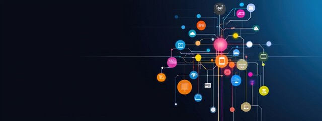 Poster - Explore this vibrant abstract technology background featuring colorful icons and interconnected lines, perfect for digital communication and innovation themes.
