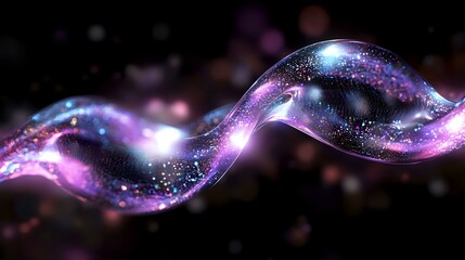 Poster - Magical cosmic wave with glowing purple and blue energy stream, sparkling particles and light effects on black background. Abstract space design element.
