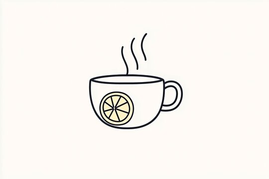 Simple outlined teacup with steam rising and a lemon slice on the rim.